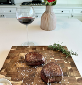 filet mignon and wine